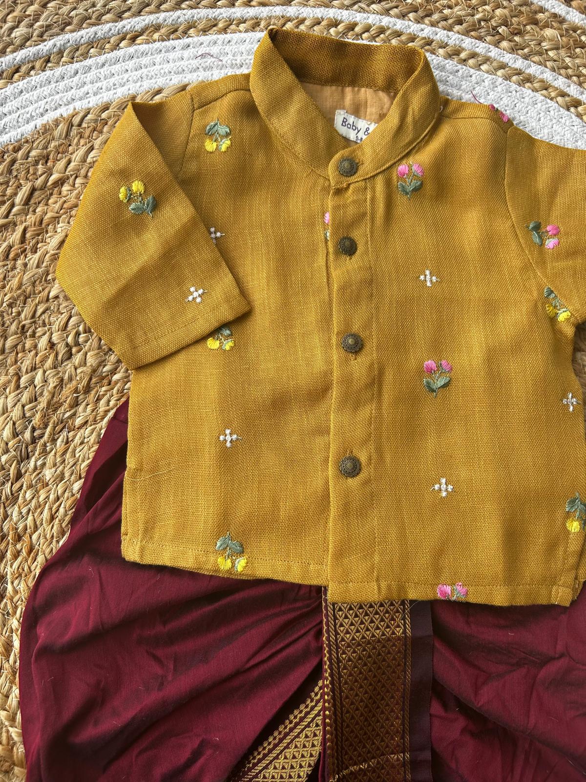 Pure Linen mustard yellow Kurta with maroon Dhoti for baby boy (Copy)