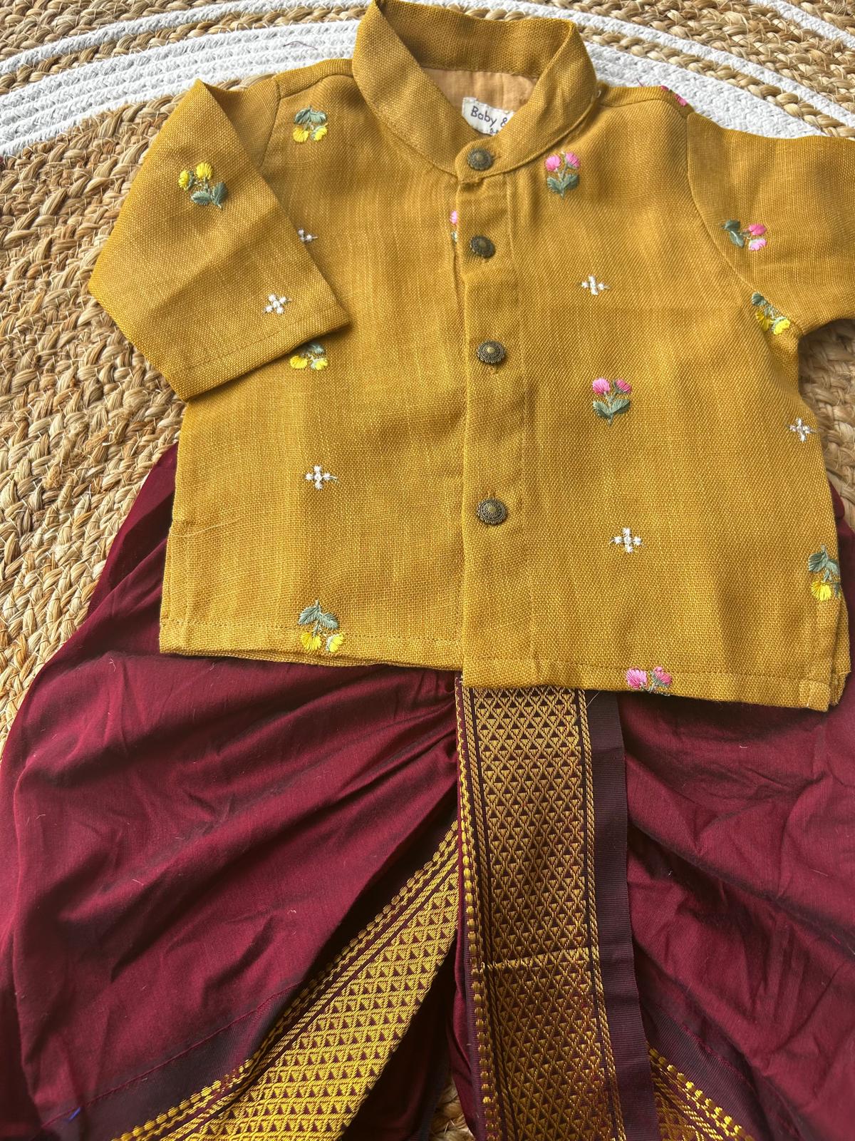 Pure Linen mustard yellow Kurta with maroon Dhoti for baby boy (Copy)