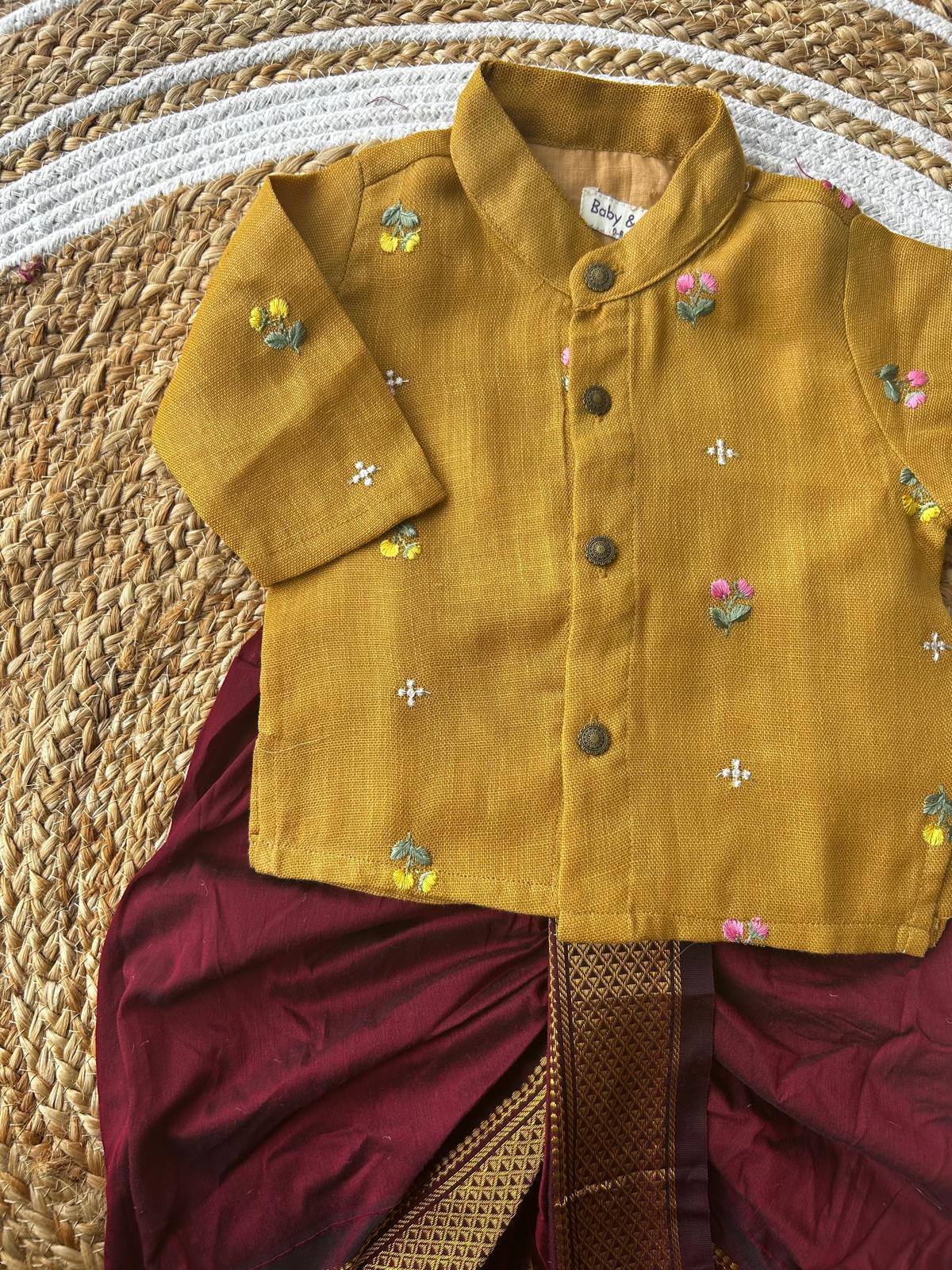 Pure Linen mustard yellow Kurta with maroon Dhoti for baby boy (Copy)