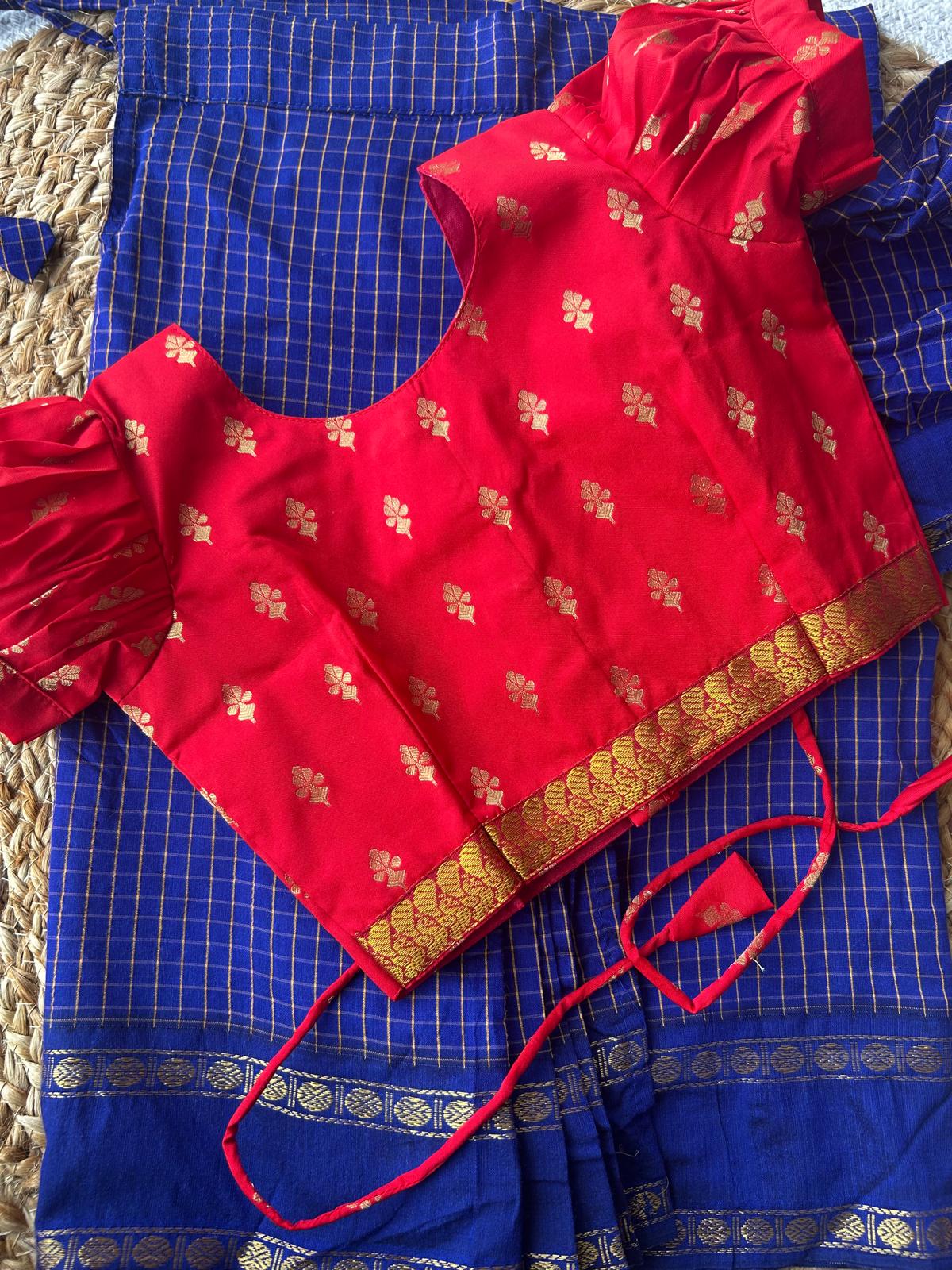 Checked blue and red - Ready to wear saree for kids Ethnic wear for baby girl