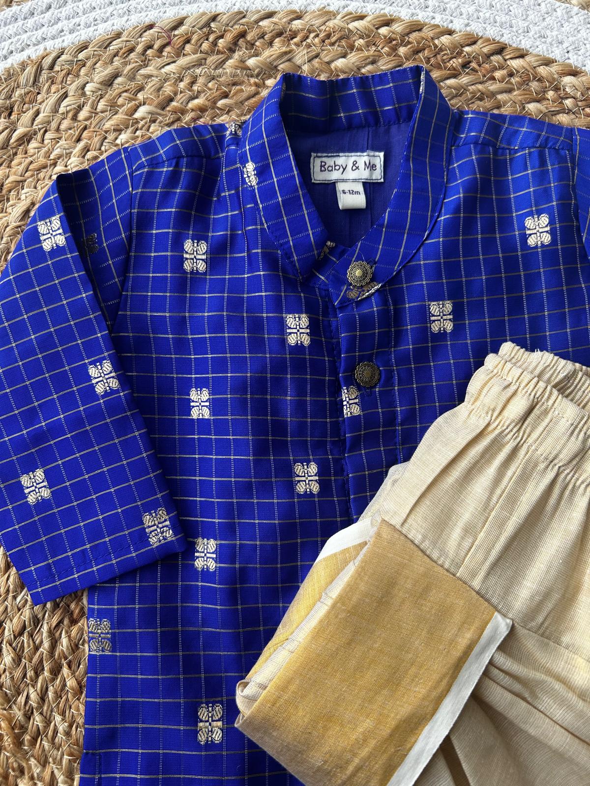 Royal blue with gold reshme chowka Kurta Dhoti for baby boy - Festive Collection