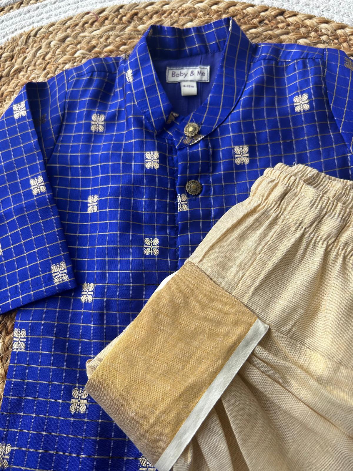 Royal blue with gold reshme chowka Kurta Dhoti for baby boy - Festive Collection
