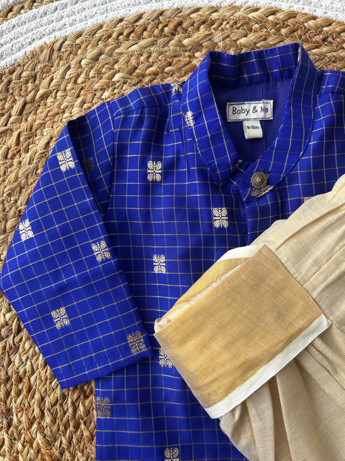 Royal blue with gold reshme chowka Kurta Dhoti for baby boy - Festive Collection