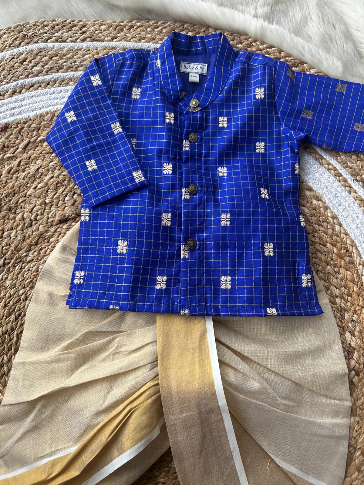 Royal blue with gold reshme chowka Kurta Dhoti for baby boy - Festive Collection