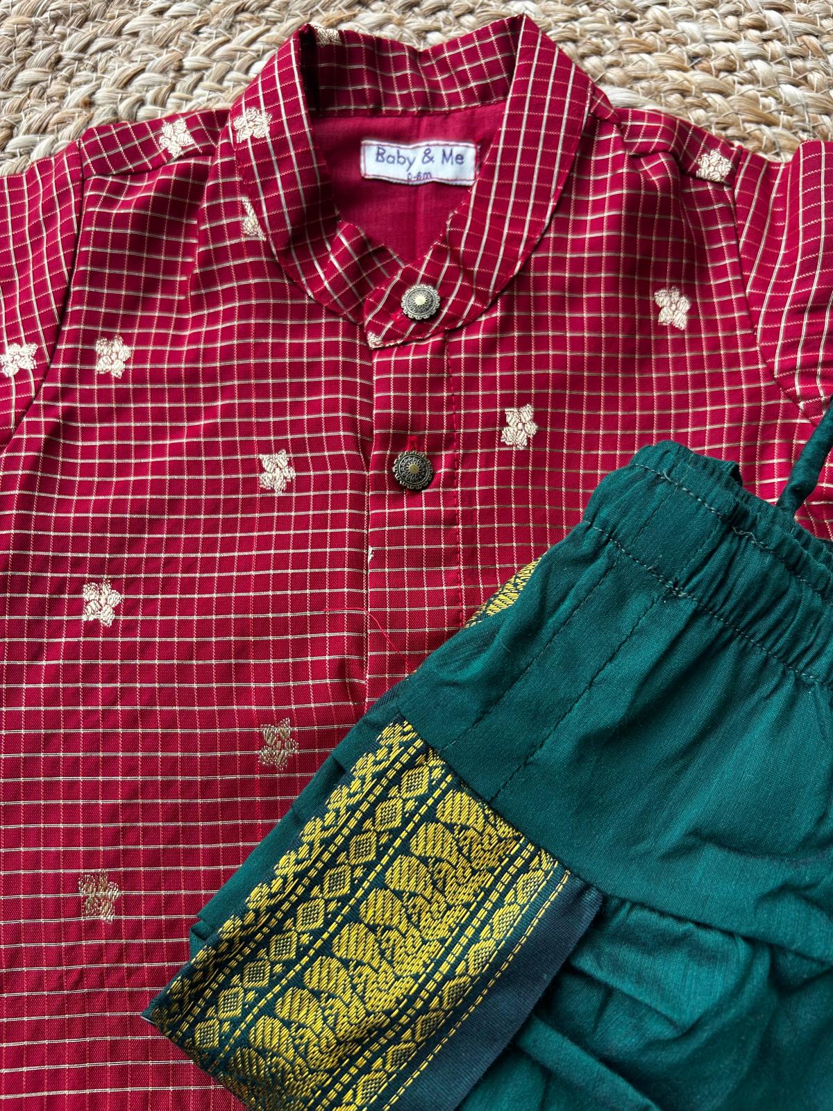 Maroon with green reshme chowka Kurta Dhoti for baby boy - Festive Collection
