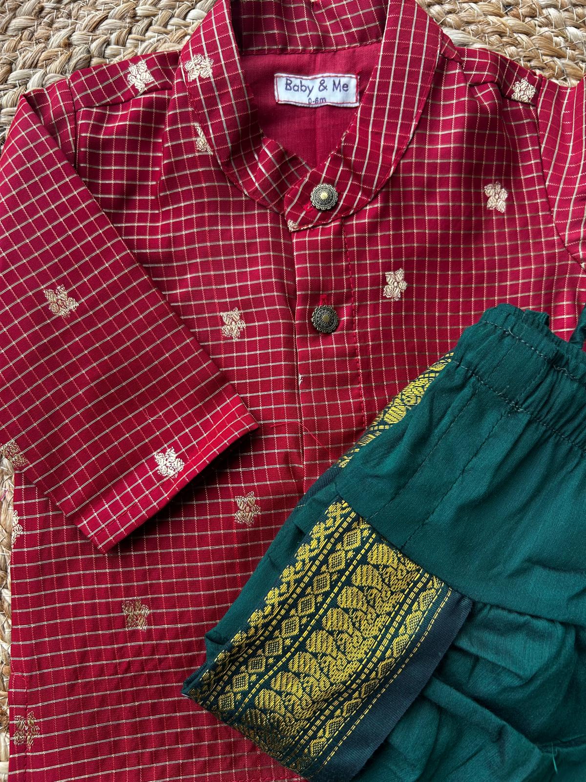 Maroon with green reshme chowka Kurta Dhoti for baby boy - Festive Collection