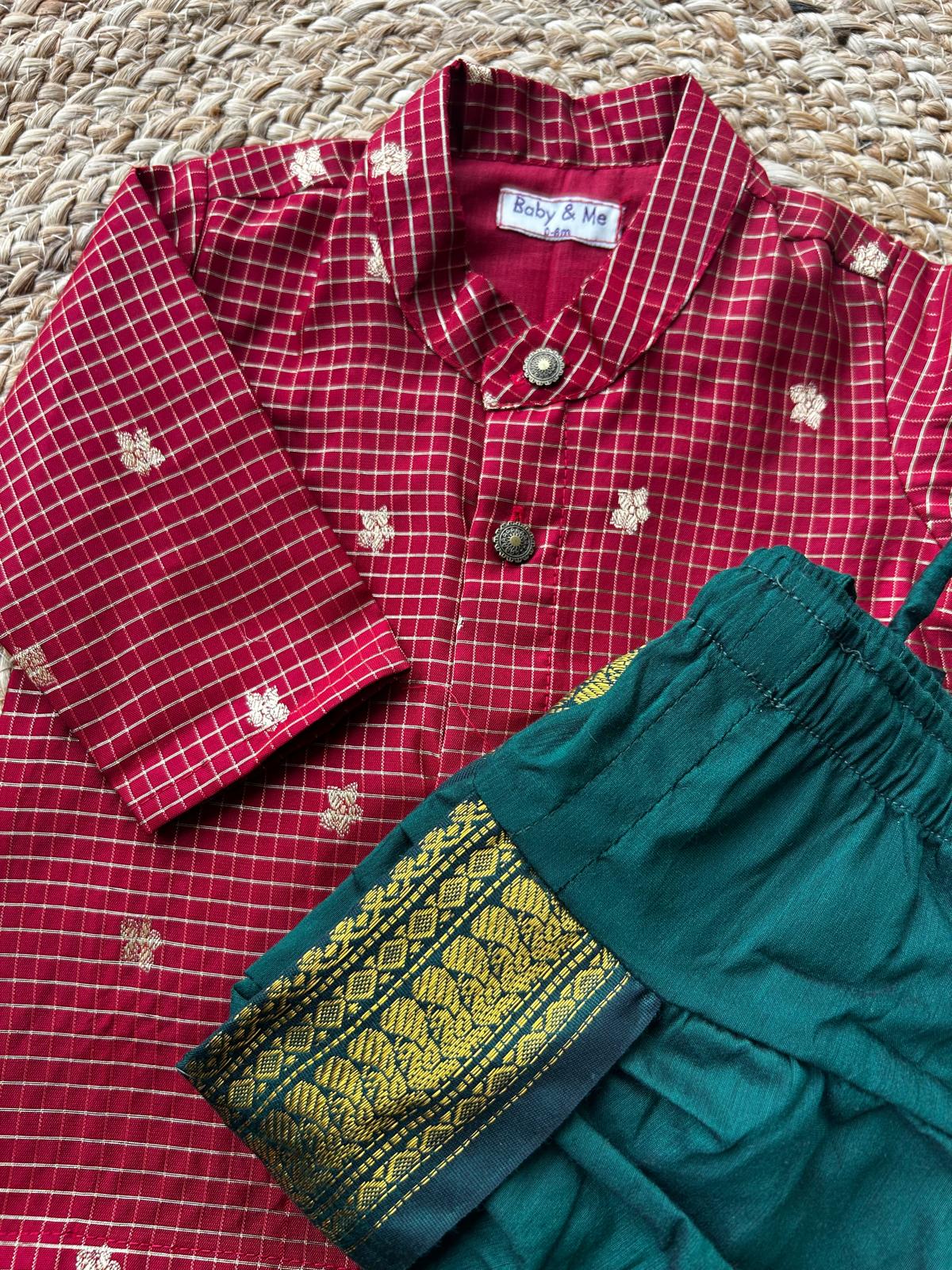 Maroon with green reshme chowka Kurta Dhoti for baby boy - Festive Collection