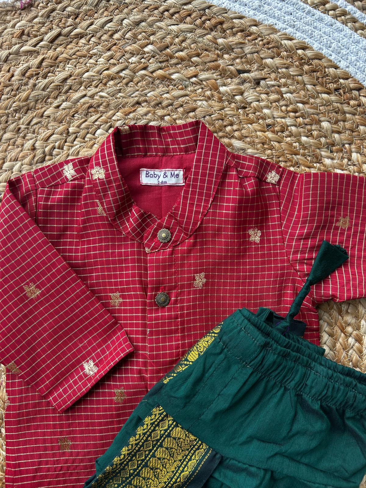 Maroon with green reshme chowka Kurta Dhoti for baby boy - Festive Collection