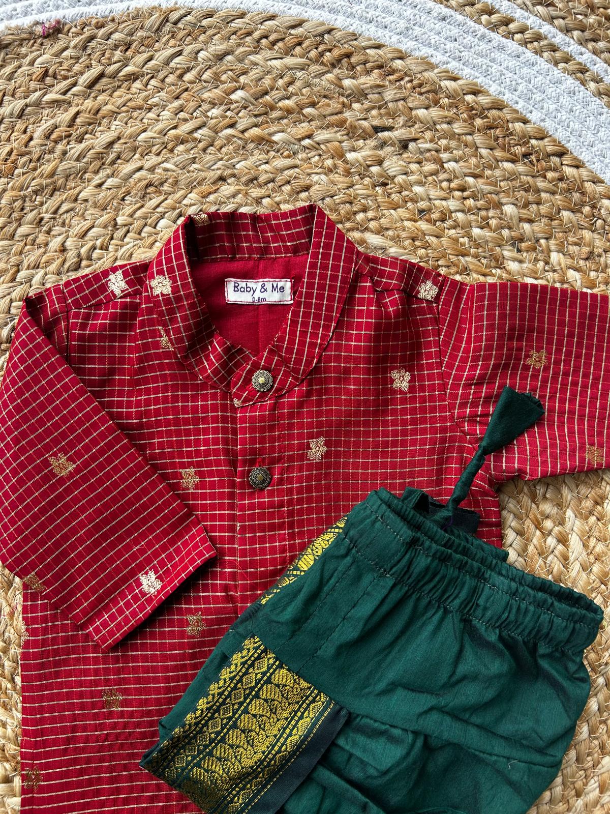 Maroon with green reshme chowka Kurta Dhoti for baby boy - Festive Collection