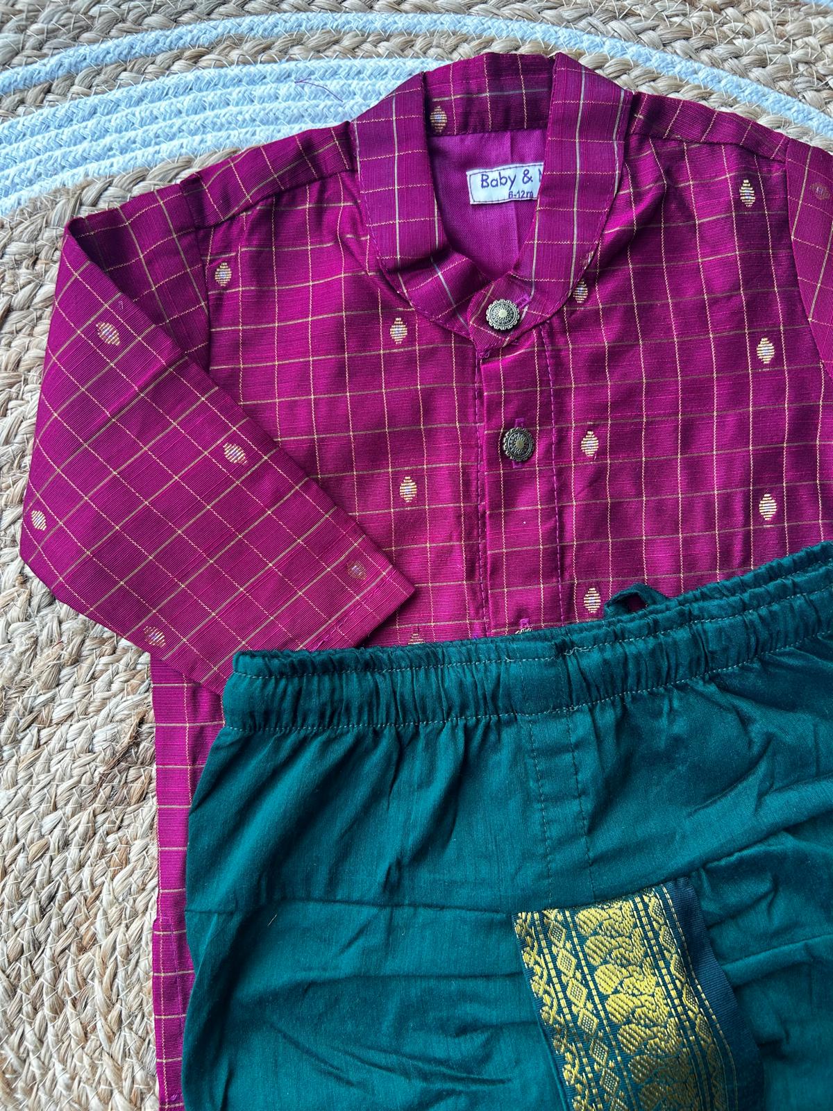 Pink with green reshme chowka Kurta Dhoti for baby boy - Festive Collection