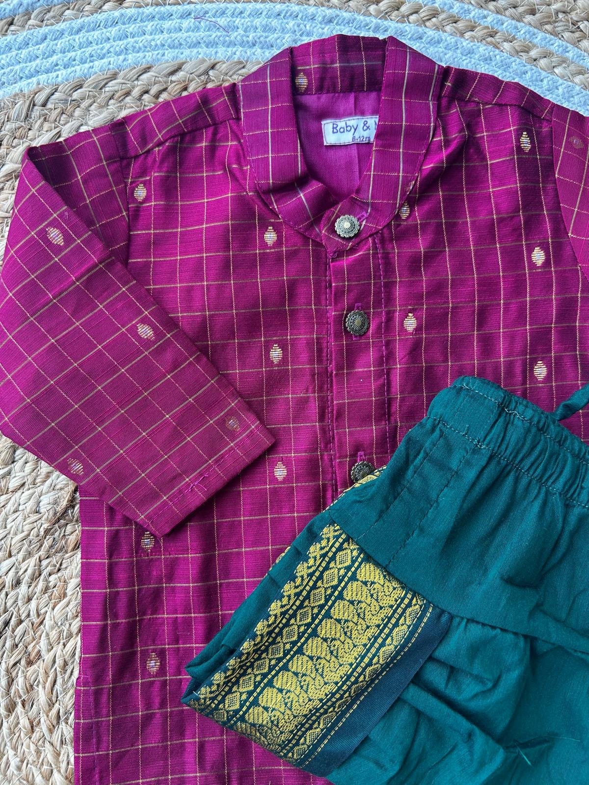 Pink with green reshme chowka Kurta Dhoti for baby boy - Festive Collection