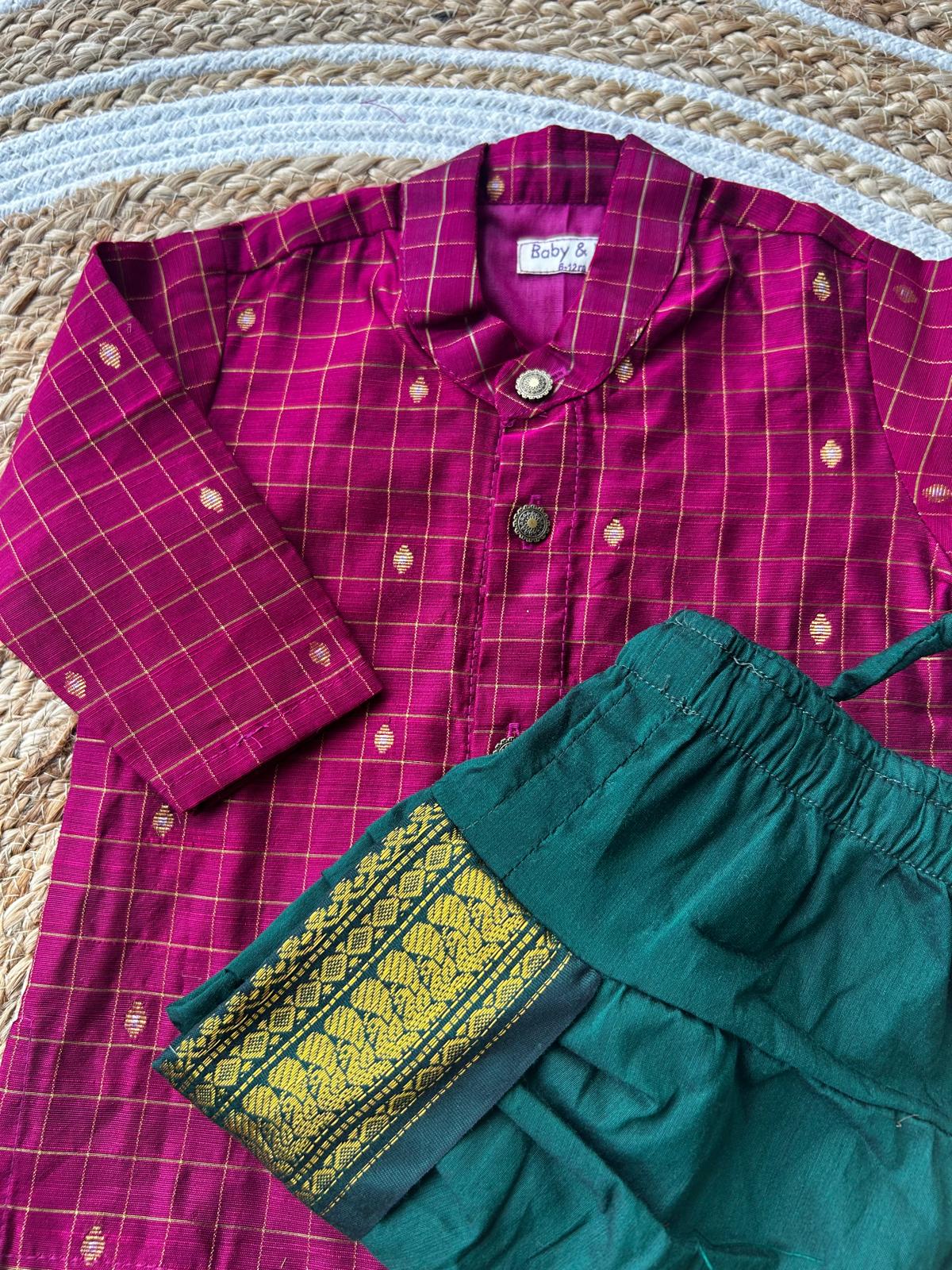 Pink with green reshme chowka Kurta Dhoti for baby boy - Festive Collection