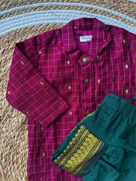 Pink with green reshme chowka Kurta Dhoti for baby boy - Festive Collection