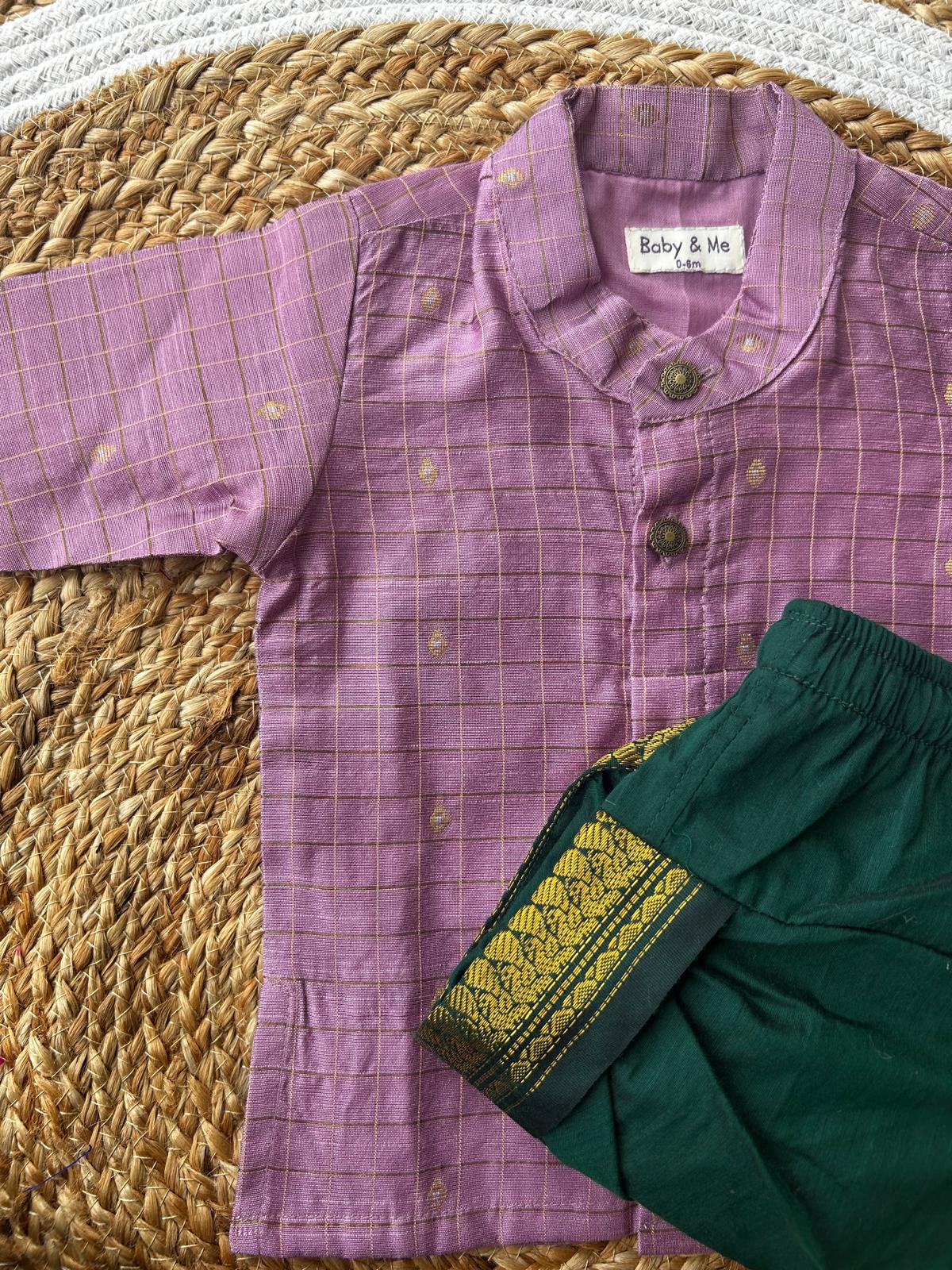 Lavender with green reshme chowka Kurta Dhoti for baby boy - Festive Collection