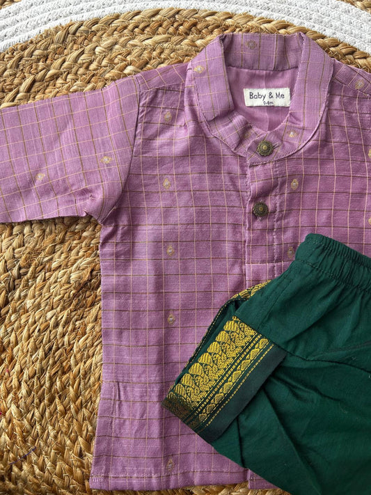 Lavender with green reshme chowka Kurta Dhoti for baby boy - Festive Collection