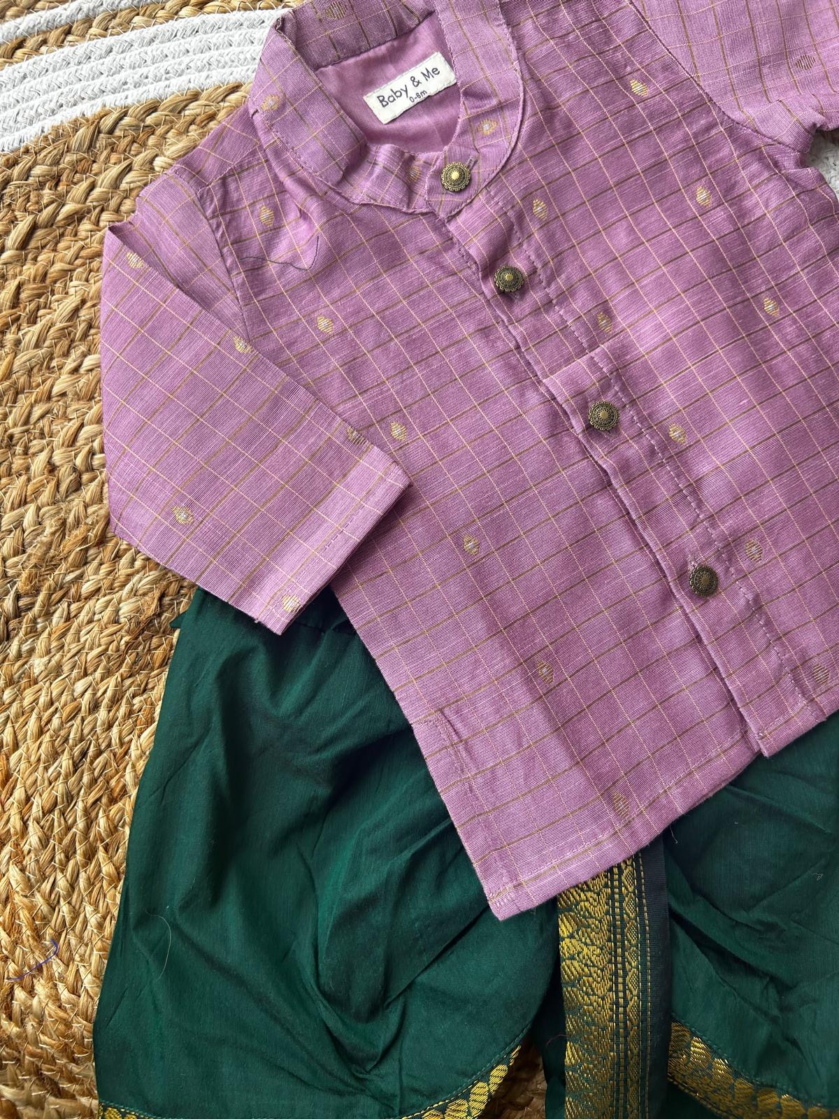 Lavender with green reshme chowka Kurta Dhoti for baby boy - Festive Collection