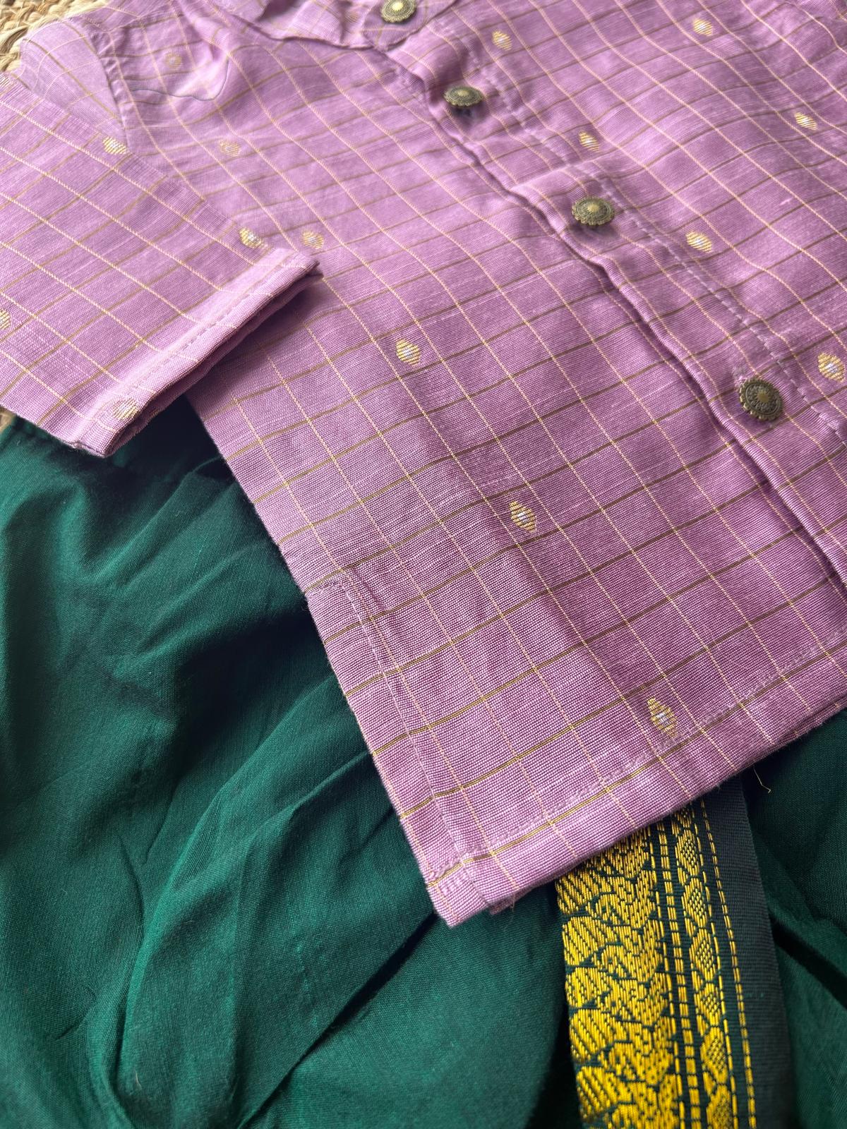 Lavender with green reshme chowka Kurta Dhoti for baby boy - Festive Collection