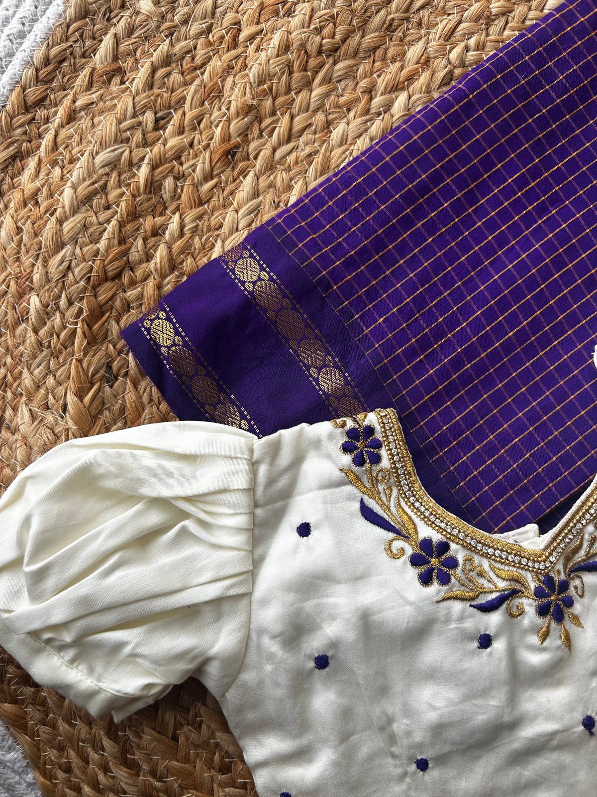Purple checked muttukattam saree with white blouse  - Ready to wear saree for kids Ethnic wear for baby girl