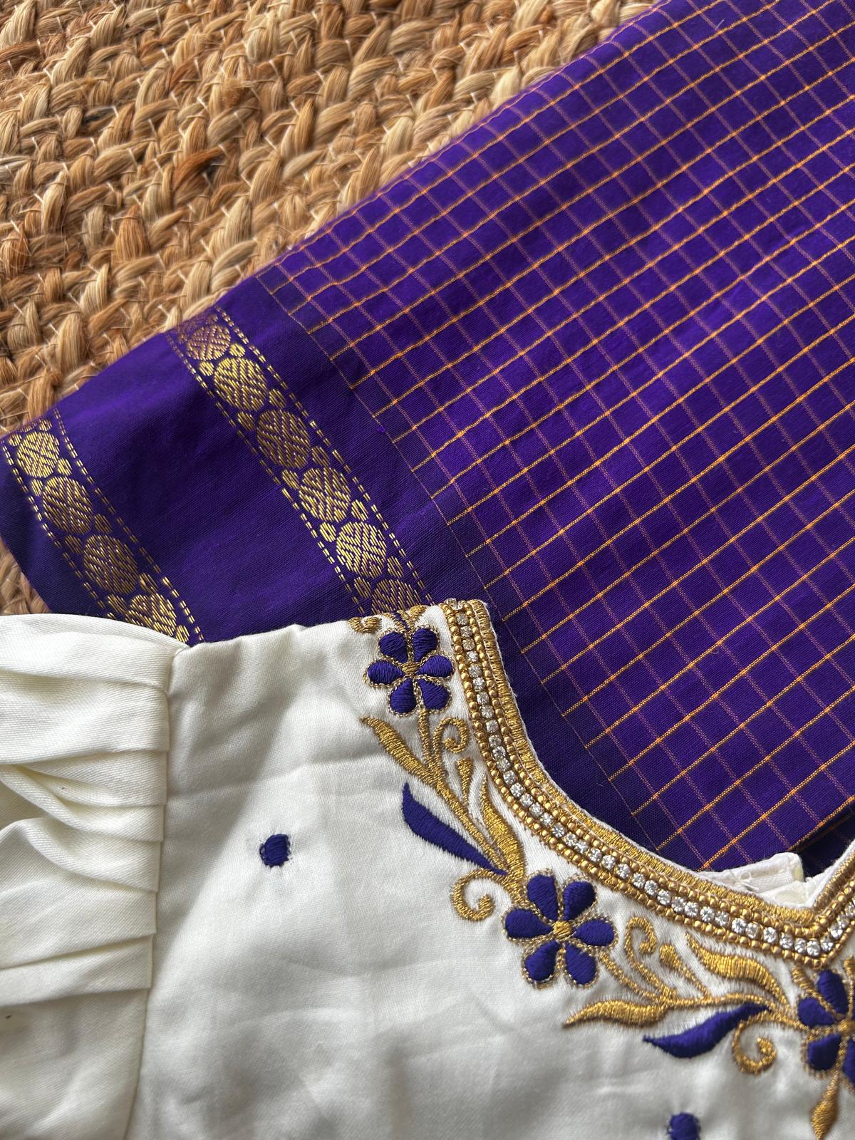 Purple checked muttukattam saree with white blouse  - Ready to wear saree for kids Ethnic wear for baby girl