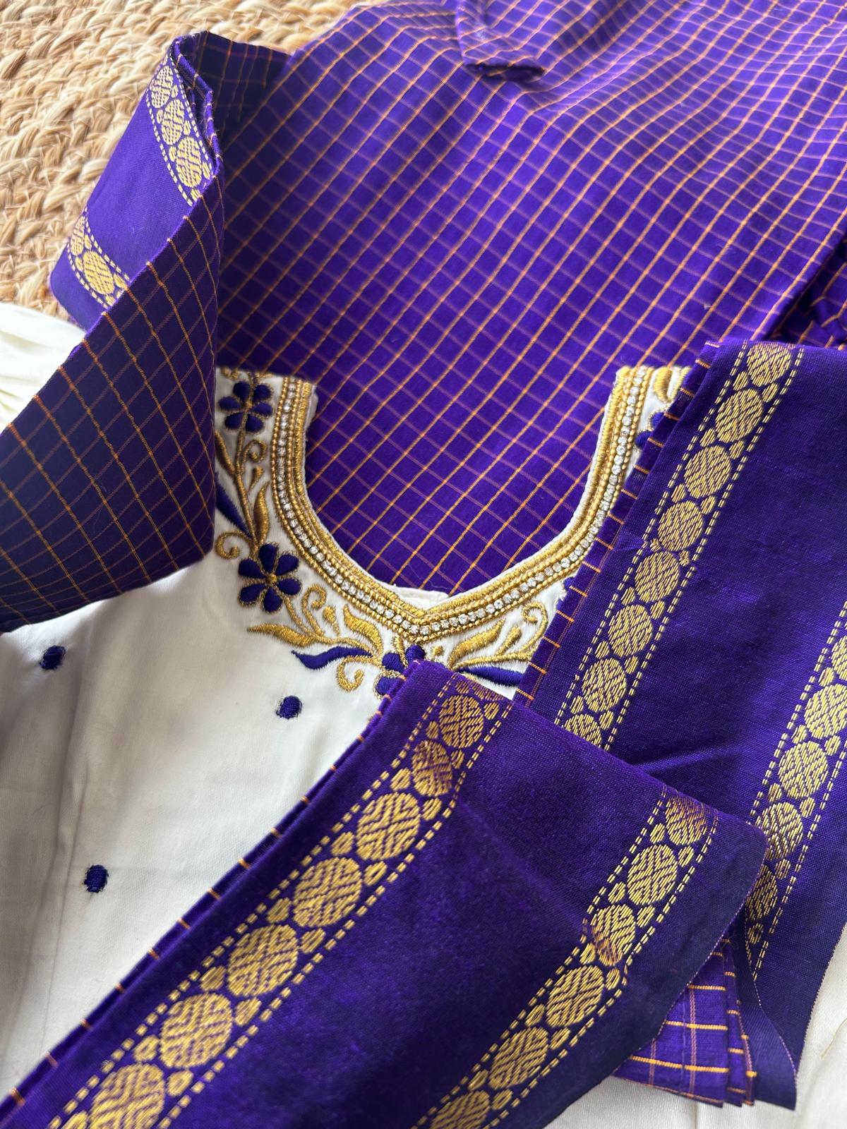 Purple checked muttukattam saree with white blouse  - Ready to wear saree for kids Ethnic wear for baby girl