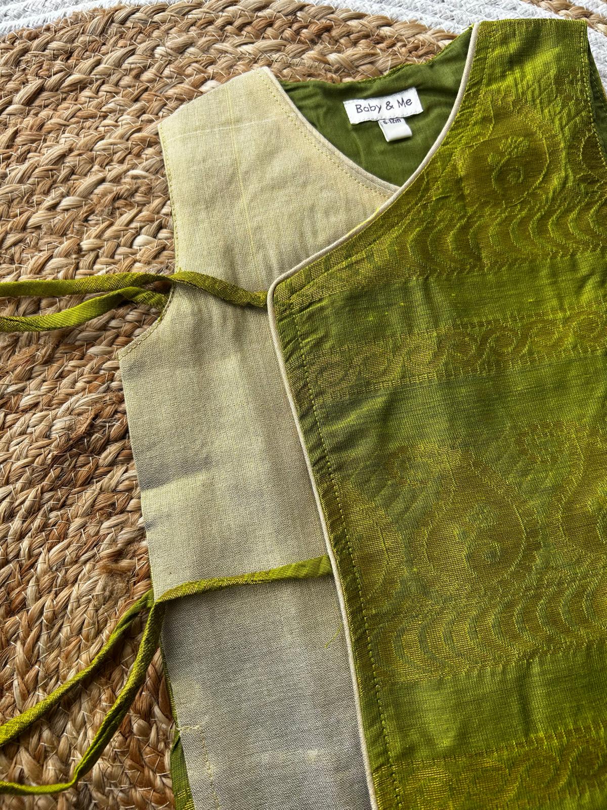 Parrot green Angrakha Kurta and Black dhoti for Baby Boy – Sleeveless Ethnic Wear