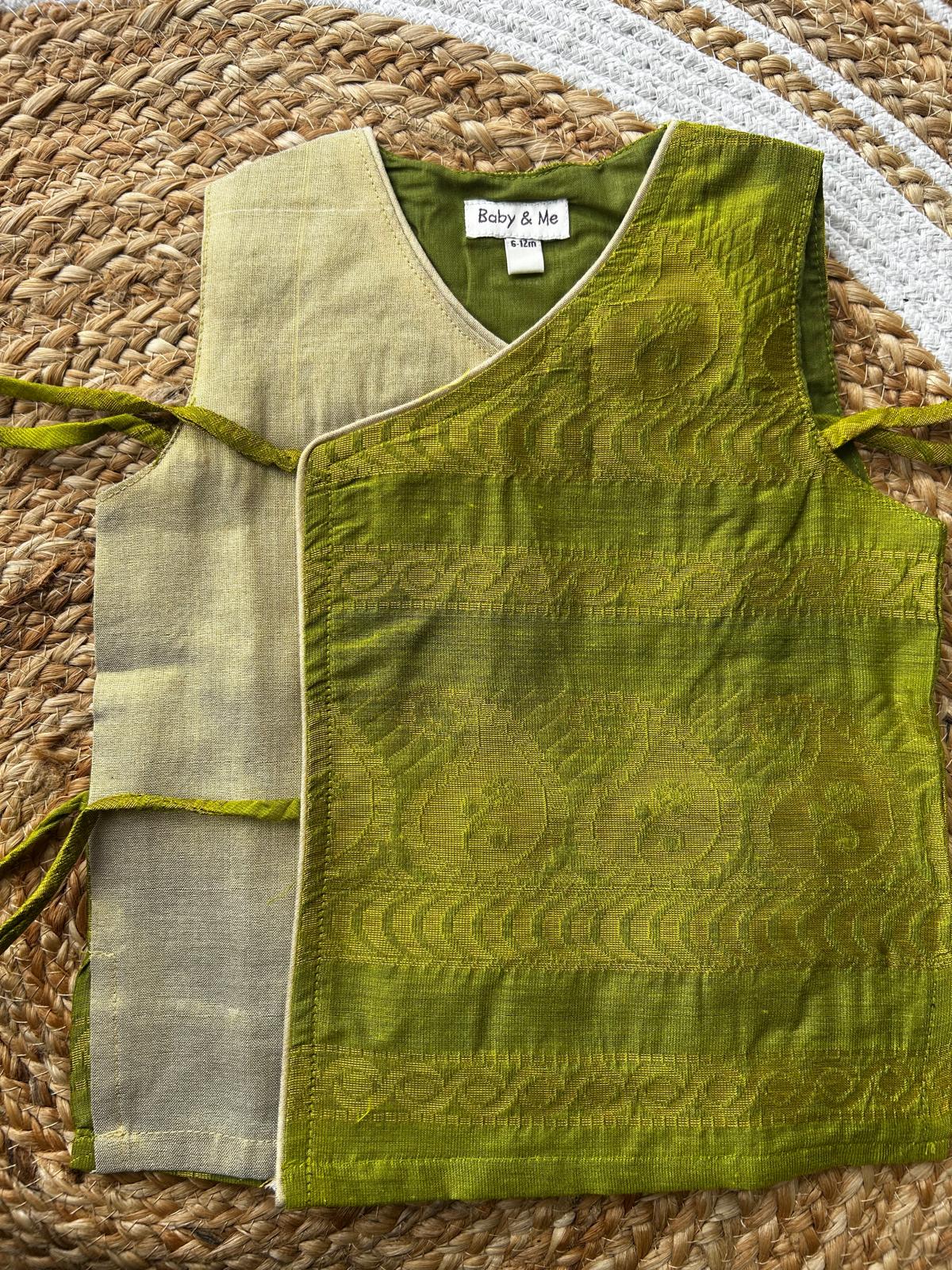 Parrot green Angrakha Kurta and Black dhoti for Baby Boy – Sleeveless Ethnic Wear