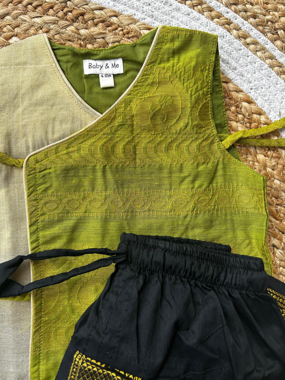 Parrot green Angrakha Kurta and Black dhoti for Baby Boy – Sleeveless Ethnic Wear