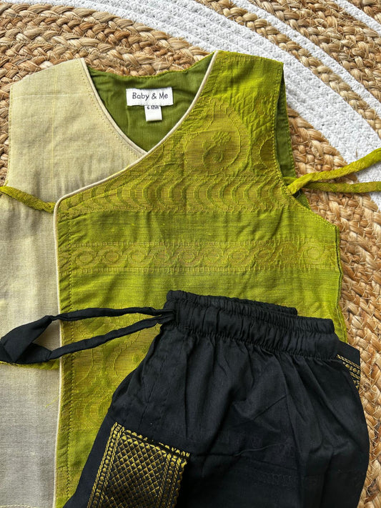 Parrot green Angrakha Kurta and Black dhoti for Baby Boy – Sleeveless Ethnic Wear