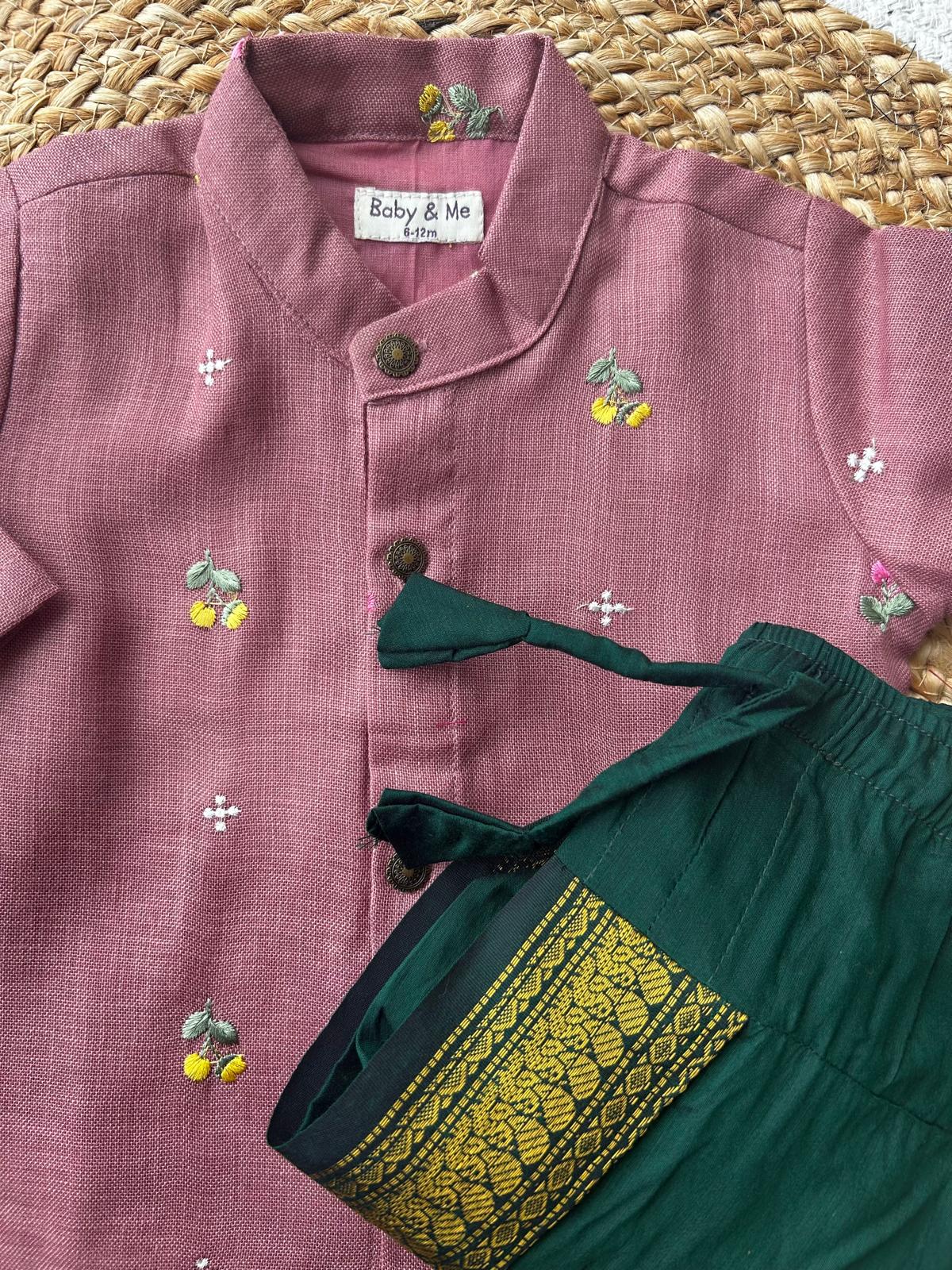 Pure Linen pink Kurta with green Dhoti for baby boy