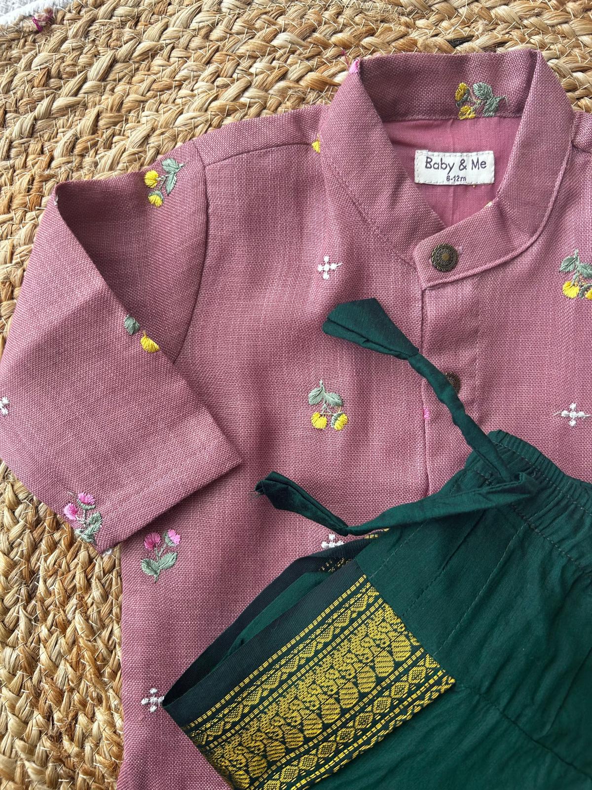 Pure Linen pink Kurta with green Dhoti for baby boy