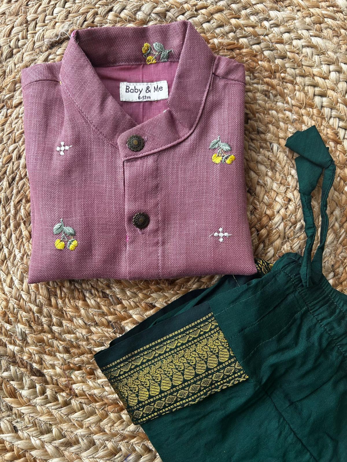 Pure Linen pink Kurta with green Dhoti for baby boy