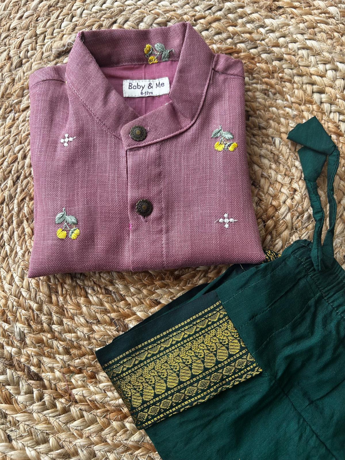 Pure Linen pink Kurta with green Dhoti for baby boy