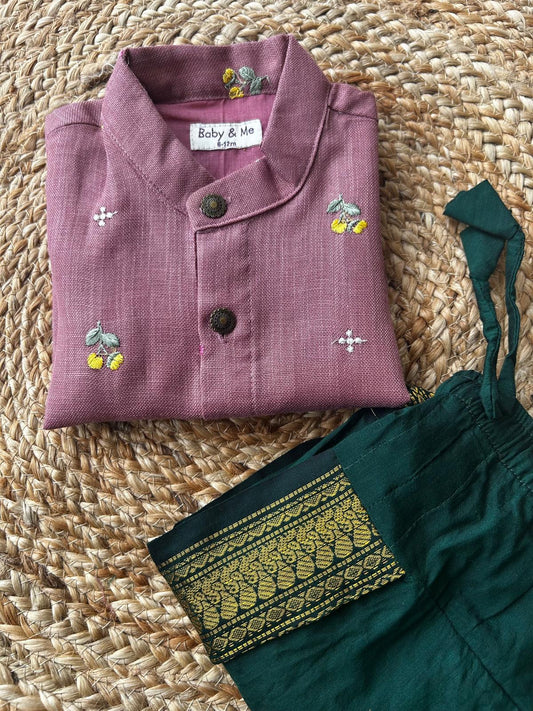 Pure Linen pink Kurta with green Dhoti for baby boy
