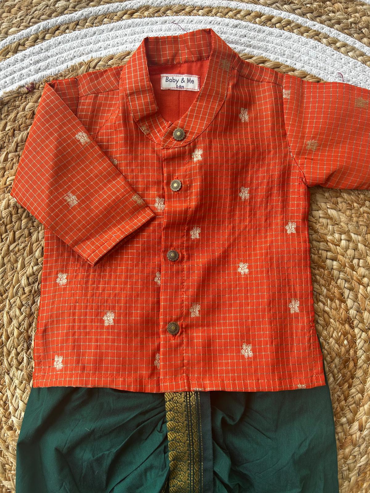 Orange with green reshme chowka Kurta Dhoti for baby boy - Festive Collection