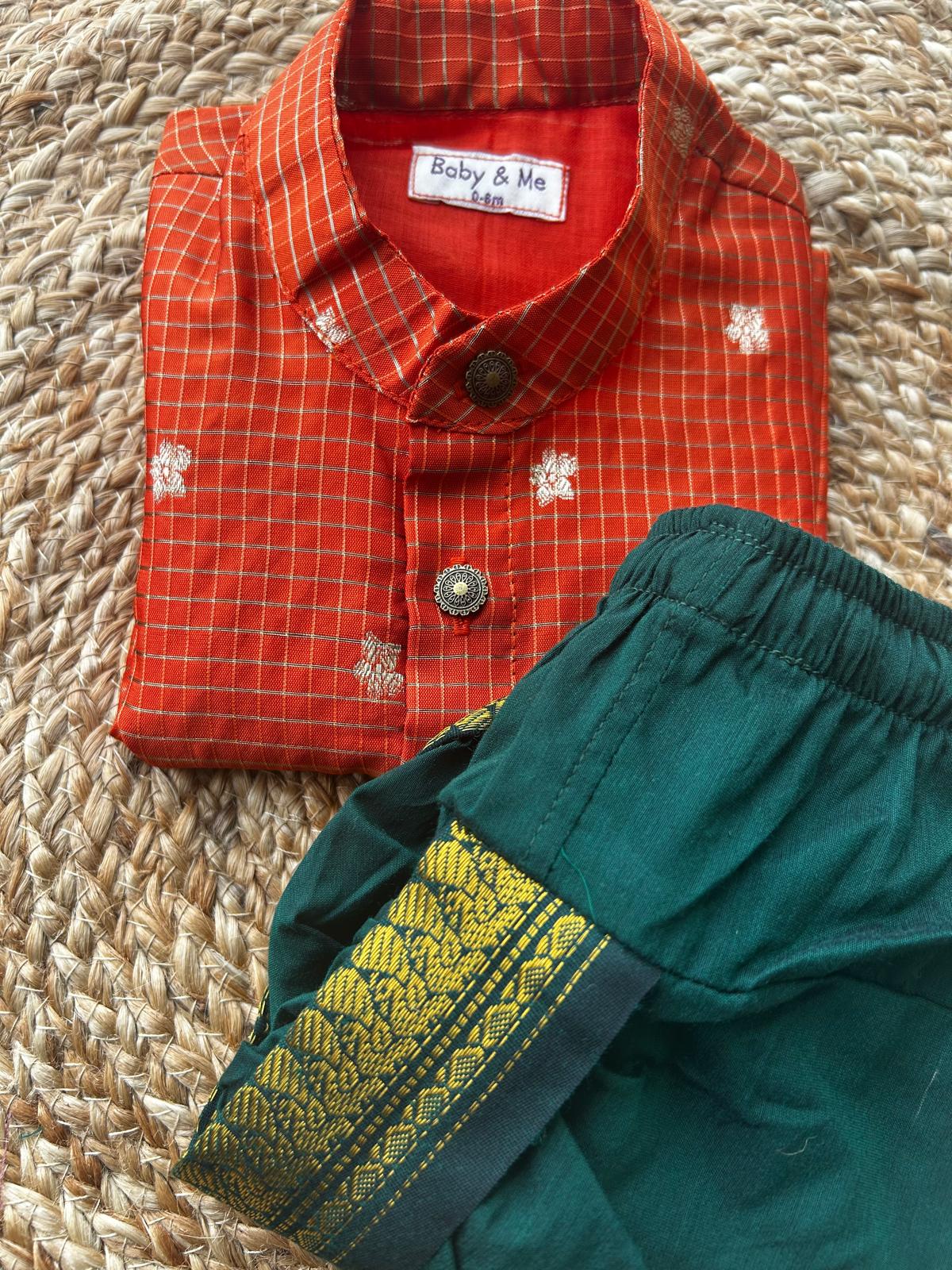 Orange with green reshme chowka Kurta Dhoti for baby boy - Festive Collection