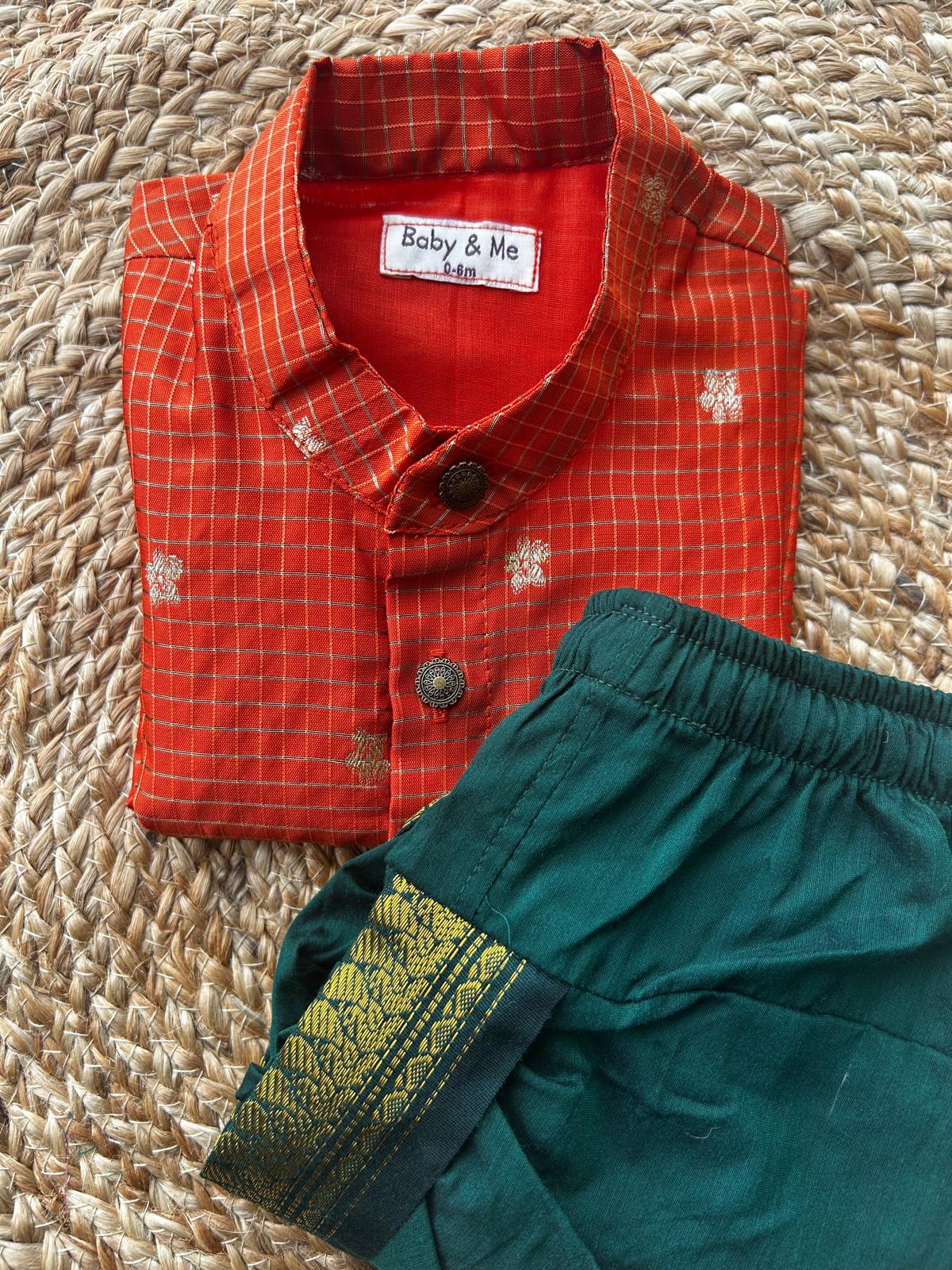 Orange with green reshme chowka Kurta Dhoti for baby boy - Festive Collection