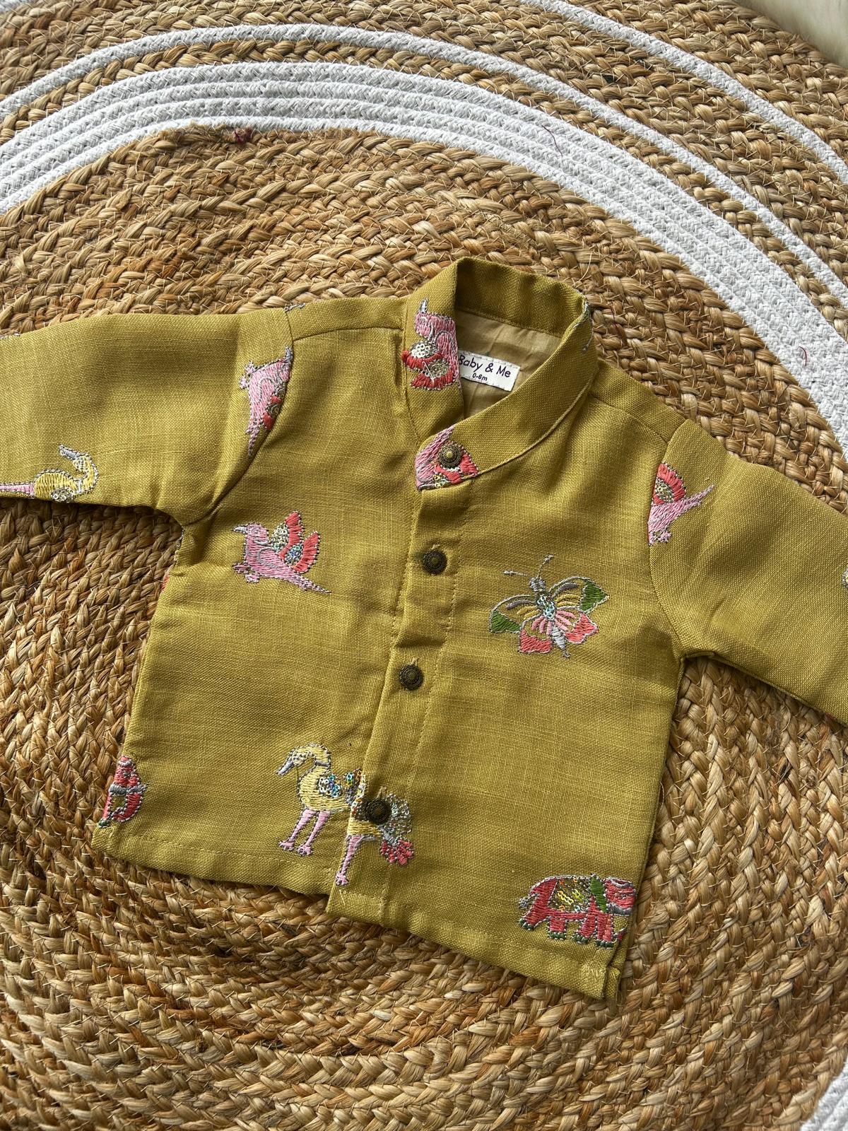 Yellow pure linen with green Kurta Dhoti for baby boy - Festive Collection