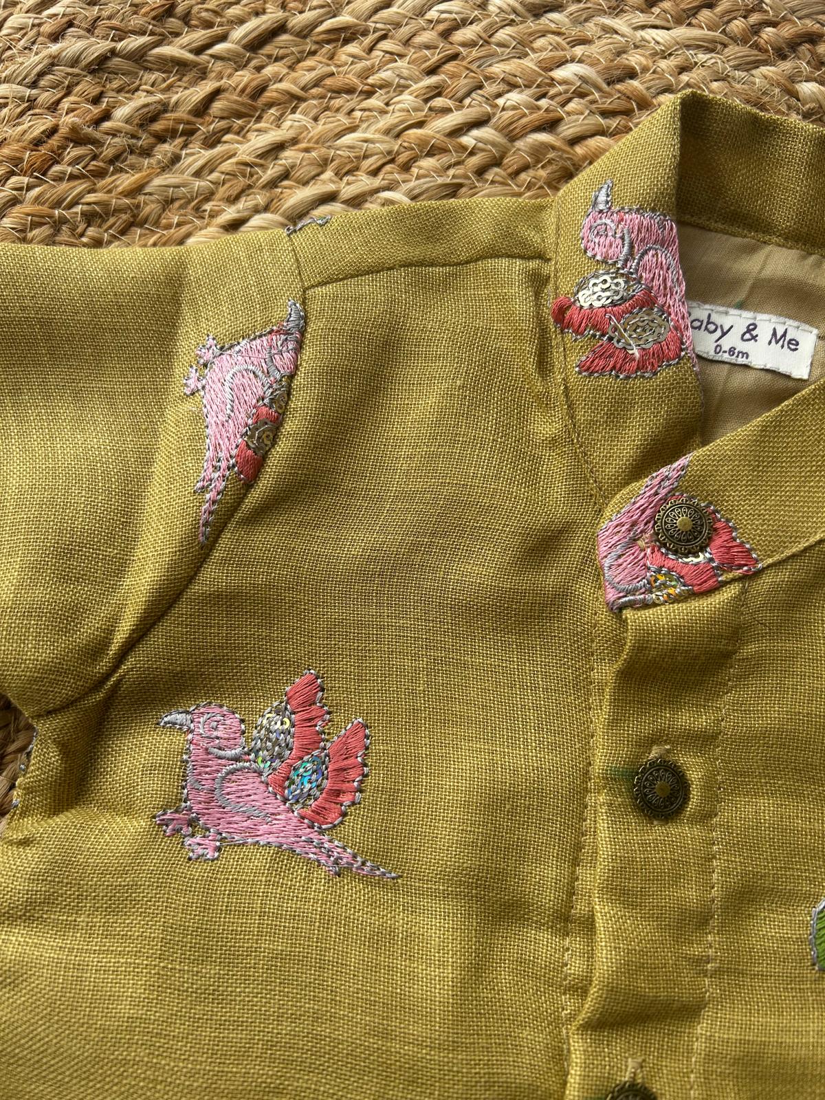 Yellow pure linen with green Kurta Dhoti for baby boy - Festive Collection