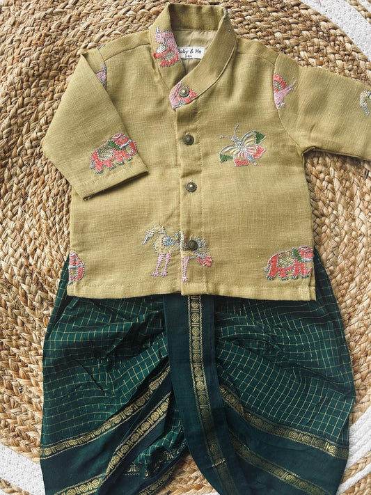 Yellow pure linen with green Kurta Dhoti for baby boy - Festive Collection