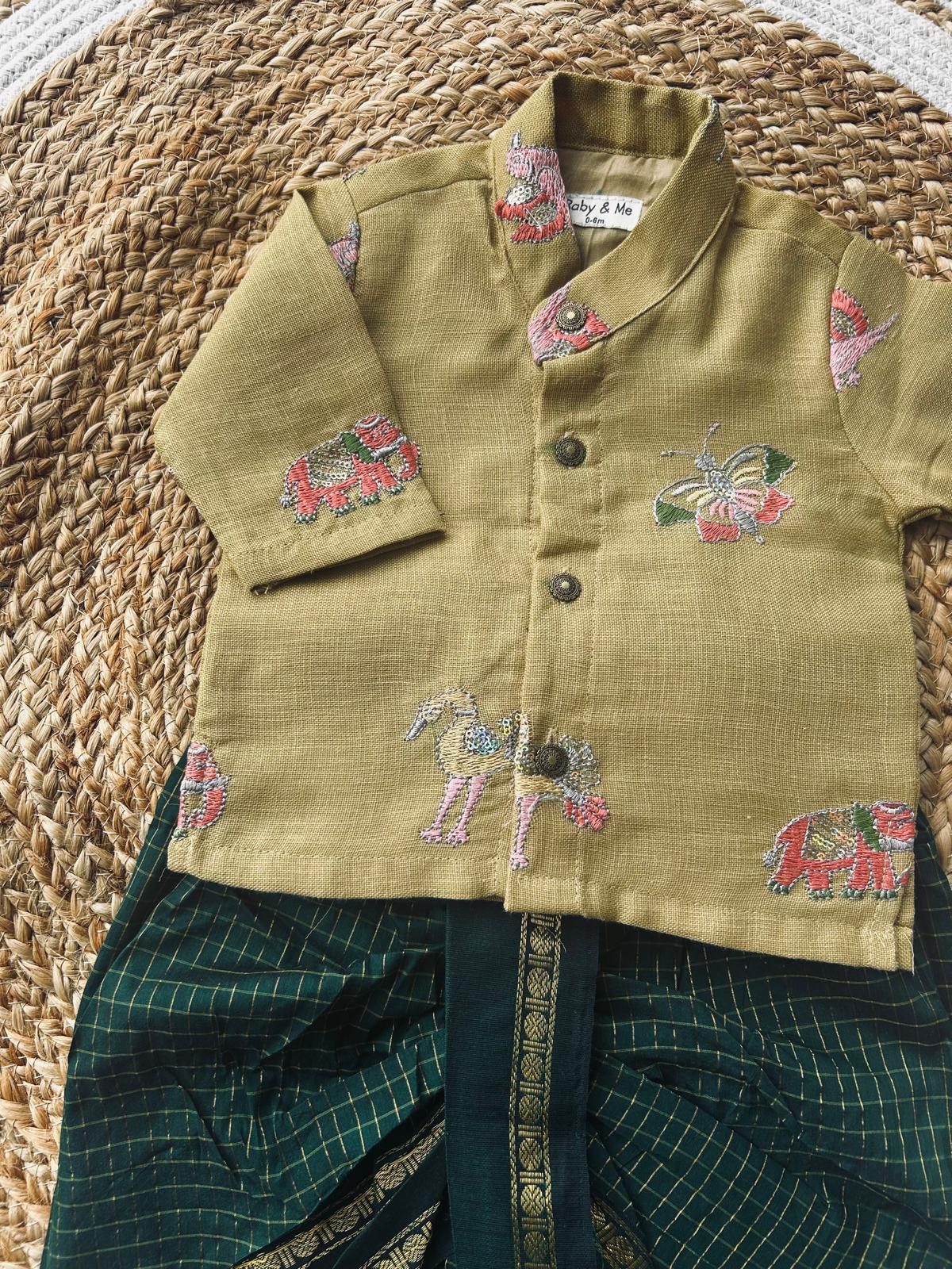 Yellow pure linen with green Kurta Dhoti for baby boy - Festive Collection