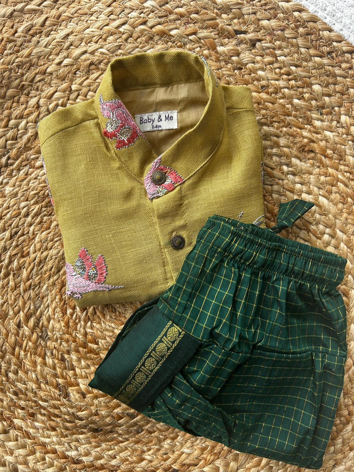 Yellow pure linen with green Kurta Dhoti for baby boy - Festive Collection