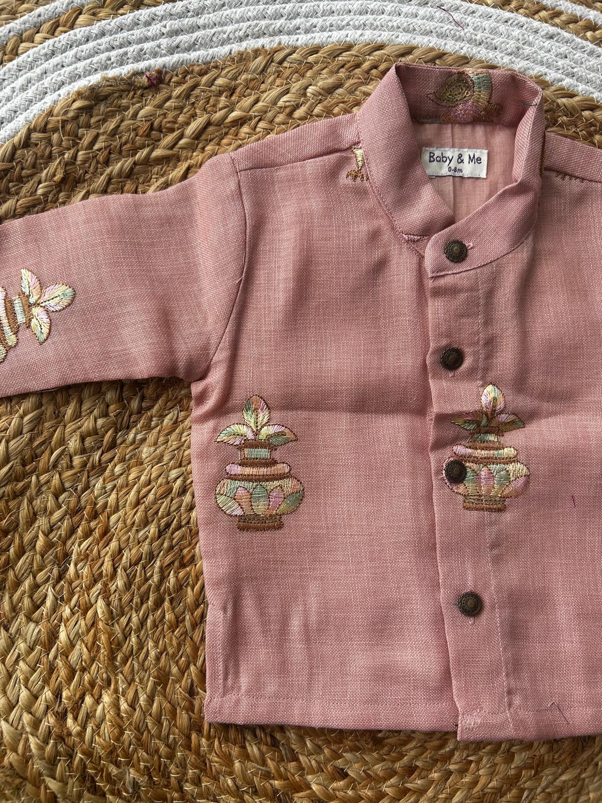 pink pure linen with maroon Kurta Dhoti for baby boy - Festive Collection