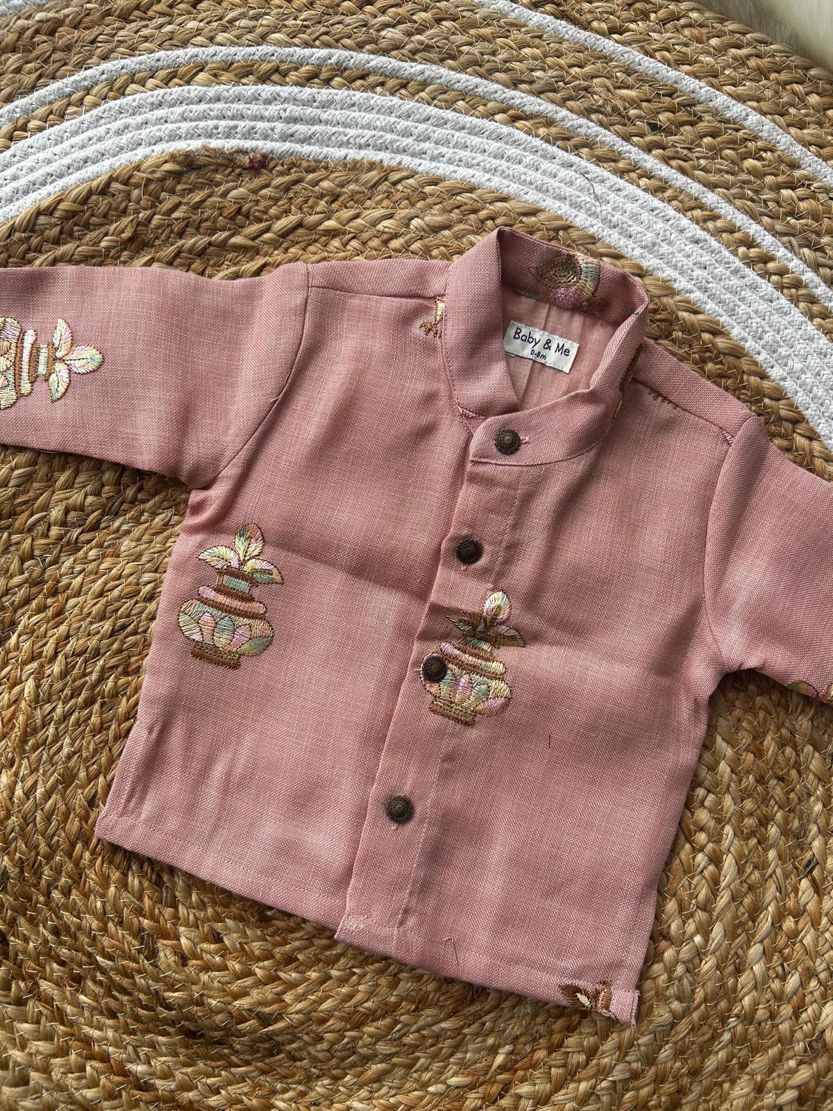 pink pure linen with maroon Kurta Dhoti for baby boy - Festive Collection