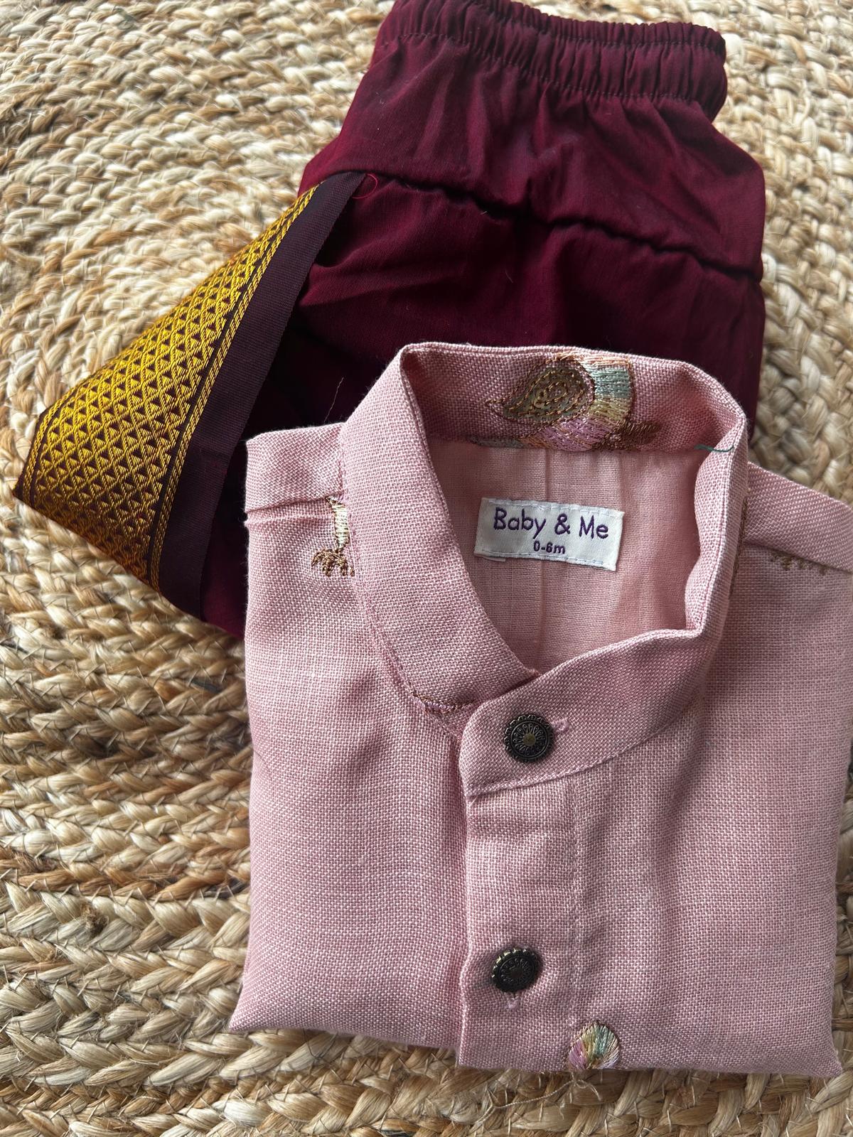 pink pure linen with maroon Kurta Dhoti for baby boy - Festive Collection