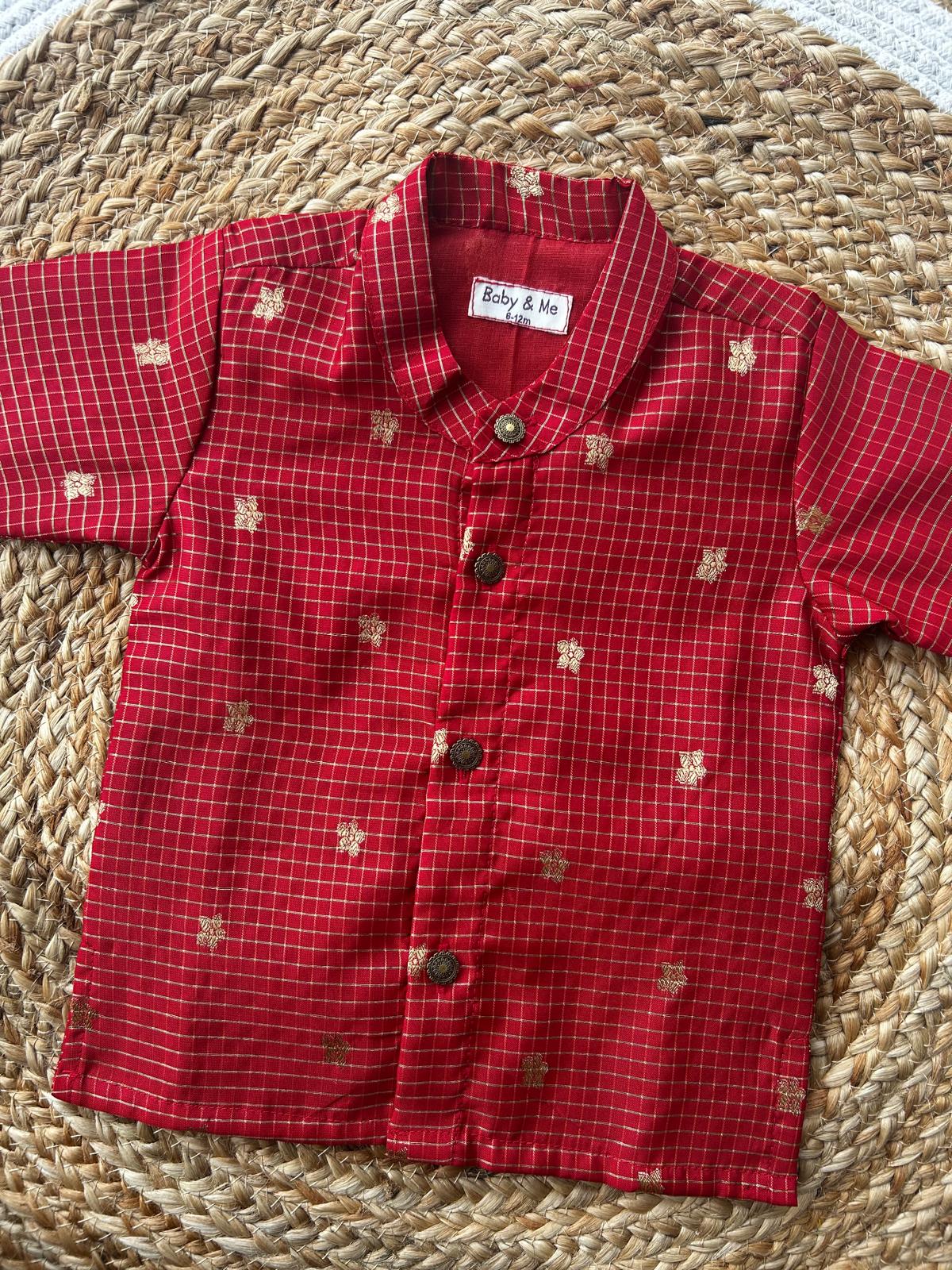 Red with gold reshme chowka Kurta Dhoti for baby boy - Festive Collection