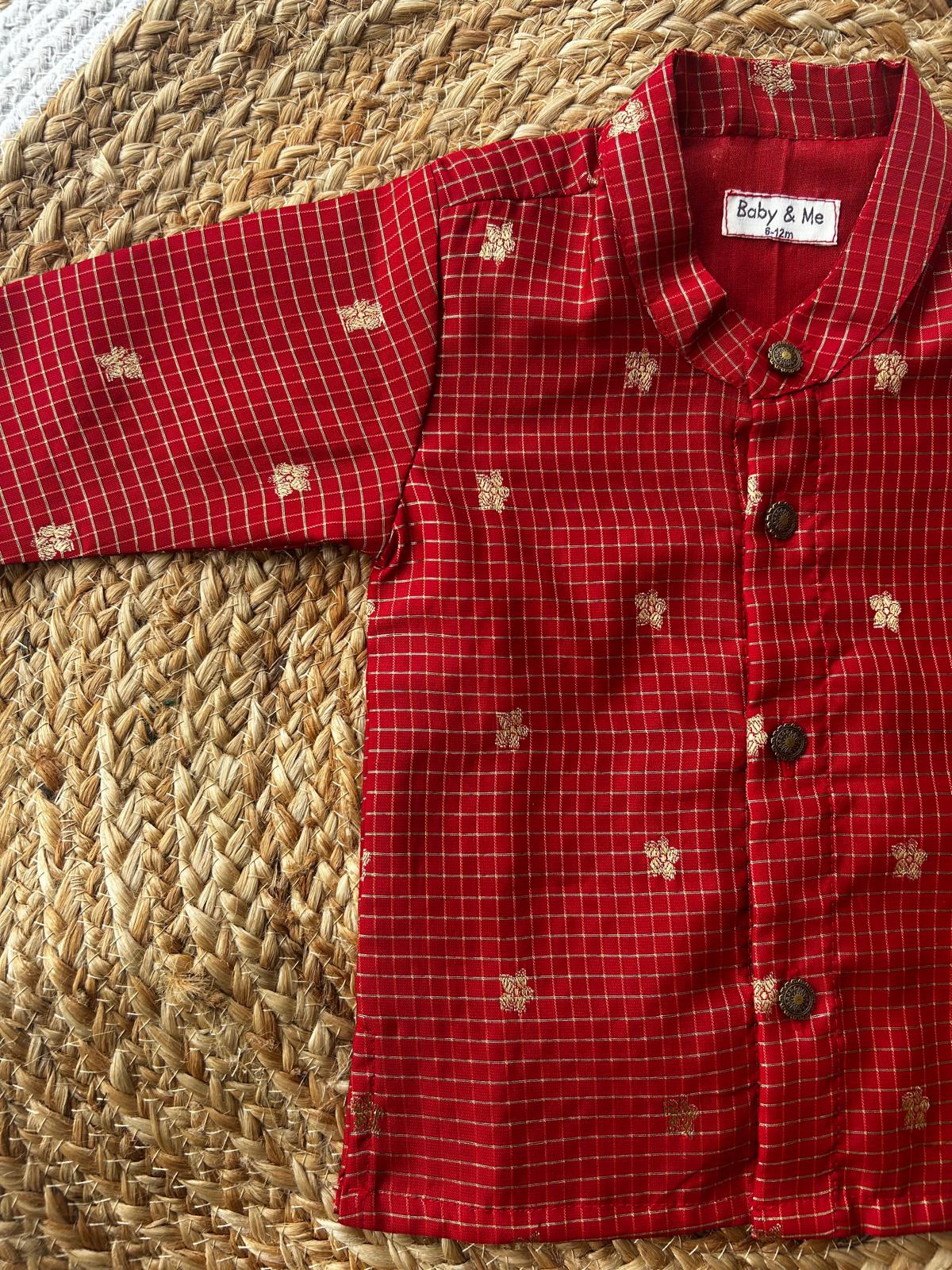 Red with gold reshme chowka Kurta Dhoti for baby boy - Festive Collection