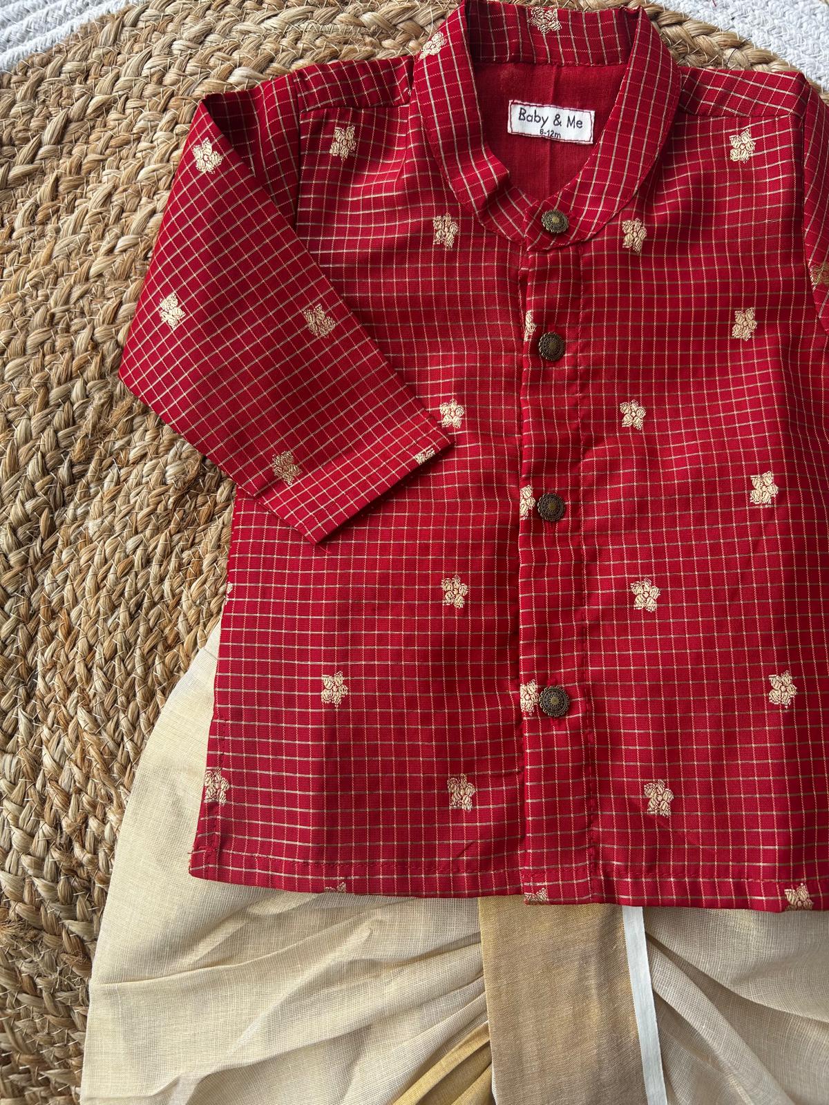 Red with gold reshme chowka Kurta Dhoti for baby boy - Festive Collection