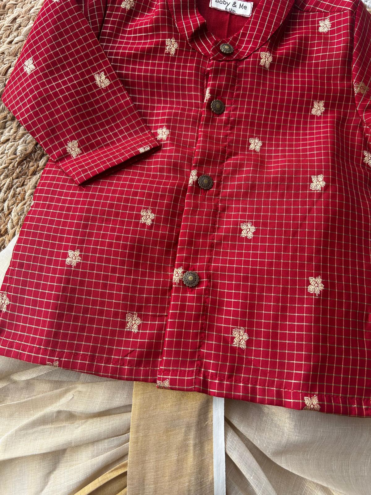 Red with gold reshme chowka Kurta Dhoti for baby boy - Festive Collection