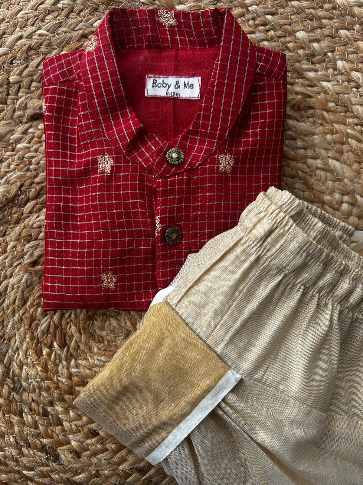 Red with gold reshme chowka Kurta Dhoti for baby boy - Festive Collection