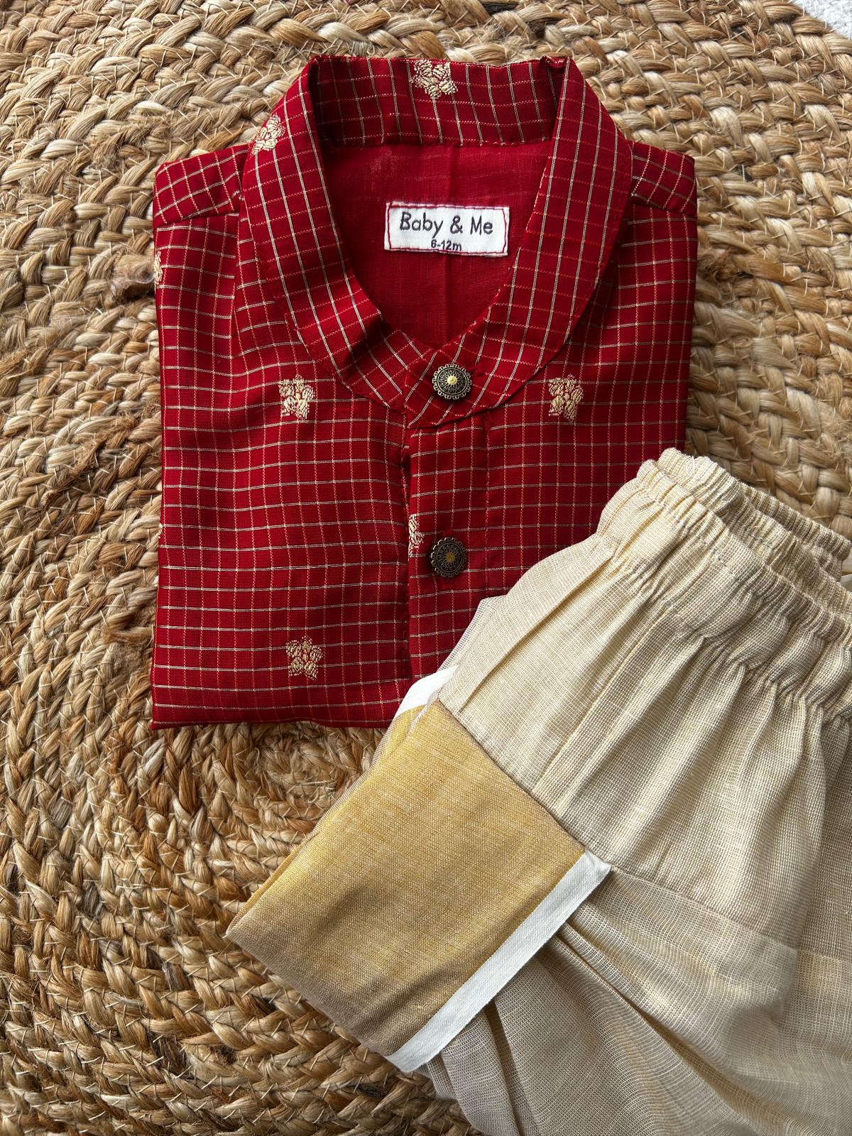Red with gold reshme chowka Kurta Dhoti for baby boy - Festive Collection